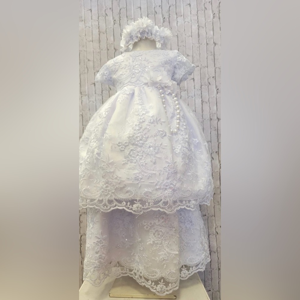 24M Lace Embroidered White Flower Girl Baptism Christening Dress 2-in-1 Gown